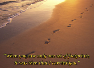 Footprints in sand at sunset, shoreline water - Encouragement Quotes
