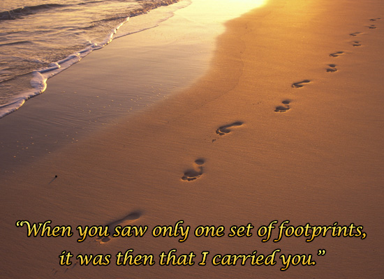 Footprints in sand at sunset, shoreline water - Encouragement Quotes